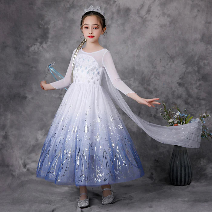Fantasia Infantil Vestido Princesa com Acessórios incluindo vestido, coroa, varinha, cabelo, luvas e joias, perfeita para festas infantis e brincadeiras.