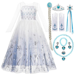 Fantasia Infantil Vestido Princesa com Acessórios incluindo vestido, coroa, varinha, cabelo, luvas e joias, perfeita para festas infantis e brincadeiras.