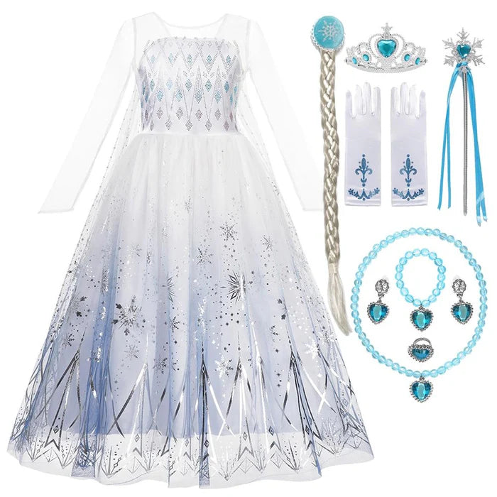 Fantasia Infantil Vestido Princesa com Acessórios incluindo vestido, coroa, varinha, cabelo, luvas e joias, perfeita para festas infantis e brincadeiras.