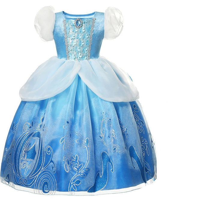 Fantasia Infantil Vestido Princesa de Baile Azul feita em poliéster, voil e malha, ideal para festas infantis e brincadeiras cheias de imaginação.