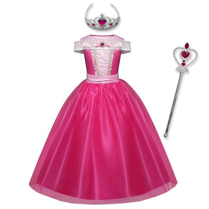 Fantasia Infantil Vestido Princesa de Baile Rosa com vestido, coroa e varinha, feita em viscose e poliéster para festas, brincadeiras e momentos mágicos.