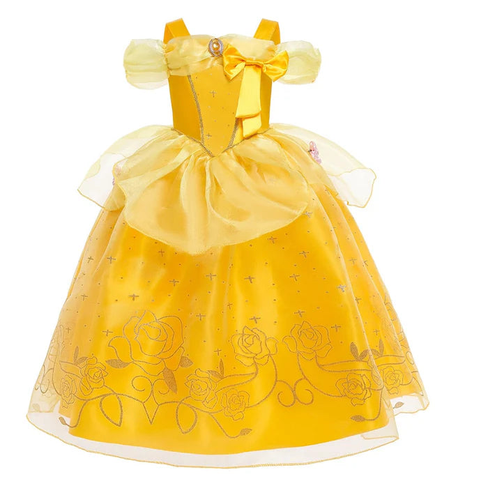 Fantasia Infantil Vestido Princesa Dourada Encantada com vestido, coroa, varinha, luvas e joias, ideal para festas infantis e brincadeiras mágicas.