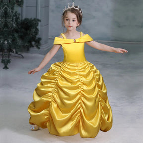 Fantasia Infantil Vestido Princesa Dourada com vestido, coroa, varinha e luvas, ideal para festas infantis e brincadeiras mágicas.