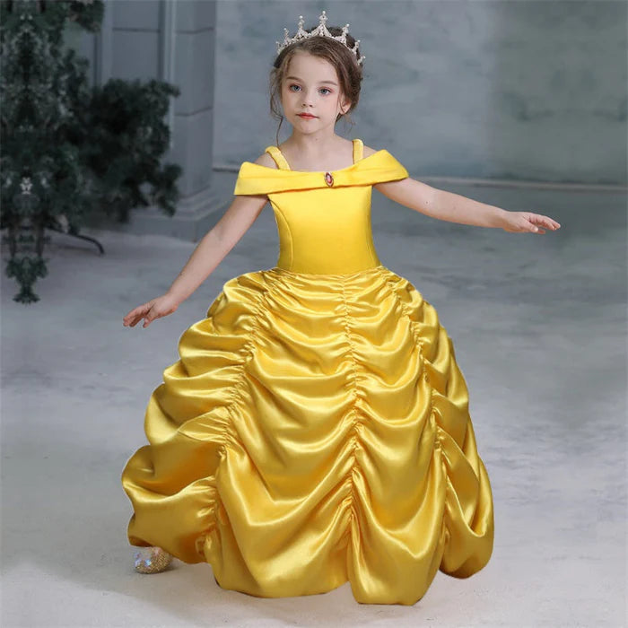 Fantasia Infantil Vestido Princesa Dourada com vestido, coroa, varinha e luvas, ideal para festas infantis e brincadeiras mágicas.
