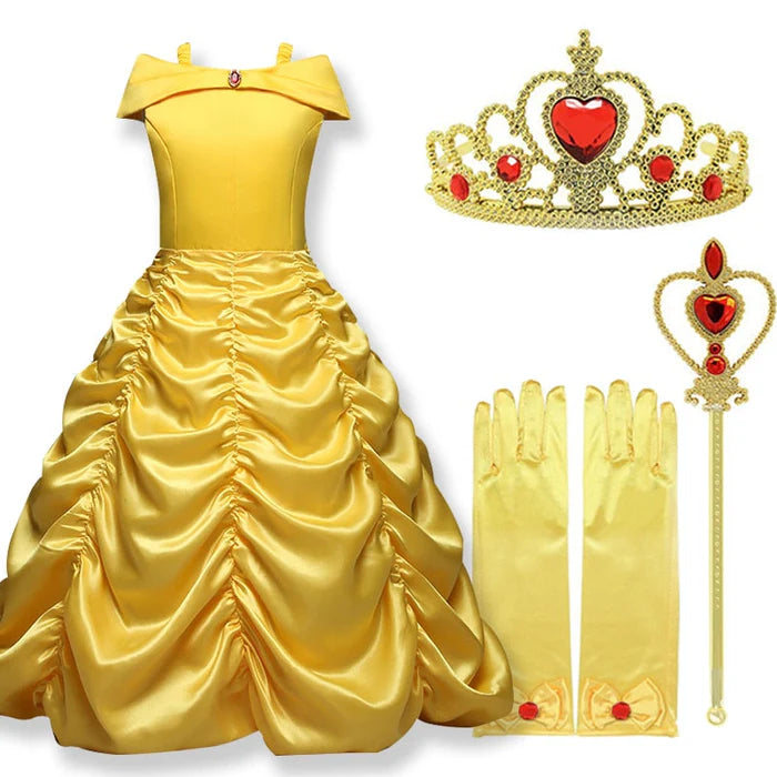 Fantasia Infantil Vestido Princesa Dourada com vestido, coroa, varinha e luvas, ideal para festas infantis e brincadeiras mágicas.