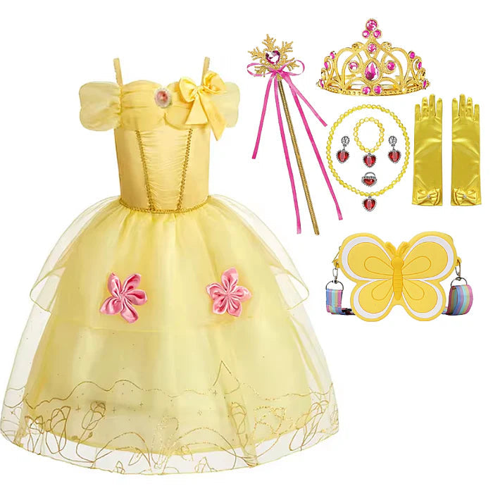 Fantasia Infantil Vestido Princesa Encantada Amarela com vestido, coroa, luvas, colar, brincos, anel, varinha e bolsinha, ideal para festas infantis.