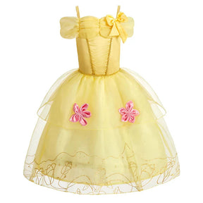 Fantasia Infantil Vestido Princesa Encantada Amarela com vestido, coroa, luvas, colar, brincos, anel, varinha e bolsinha, ideal para festas infantis.