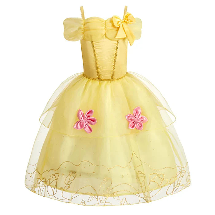 Fantasia Infantil Vestido Princesa Encantada Amarela com vestido, coroa, luvas, colar, brincos, anel, varinha e bolsinha, ideal para festas infantis.