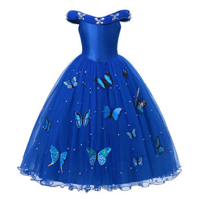 Fantasia Infantil Vestido Princesa Encantada Borboletas com vestido, coroa, varinha, colar e luvas, feita em algodão, tule e poliéster, ideal para festas infantis.