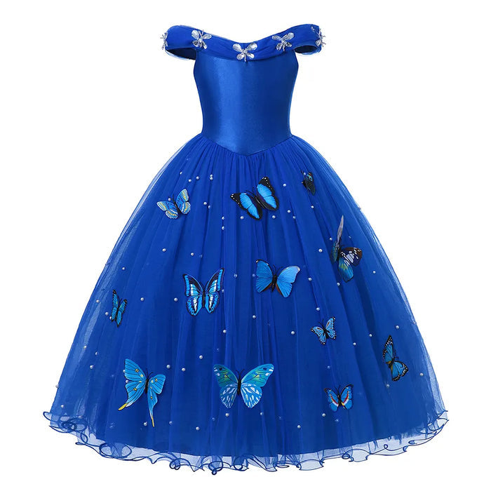 Fantasia Infantil Vestido Princesa Encantada Borboletas com vestido, coroa, varinha, colar e luvas, feita em algodão, tule e poliéster, ideal para festas infantis.