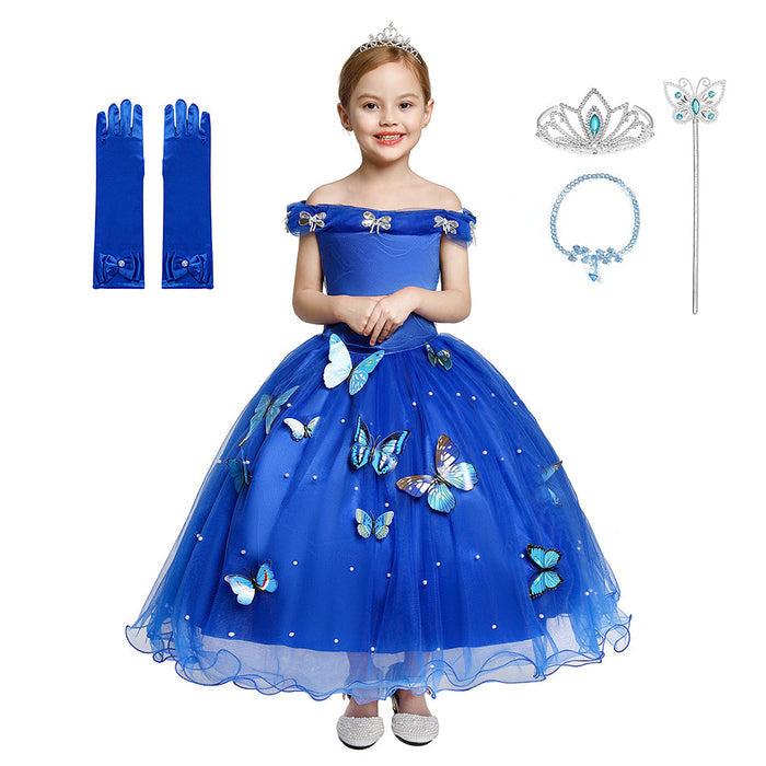 Fantasia Infantil Vestido Princesa Encantada Borboletas com vestido, coroa, varinha, colar e luvas, feita em algodão, tule e poliéster, ideal para festas infantis.
