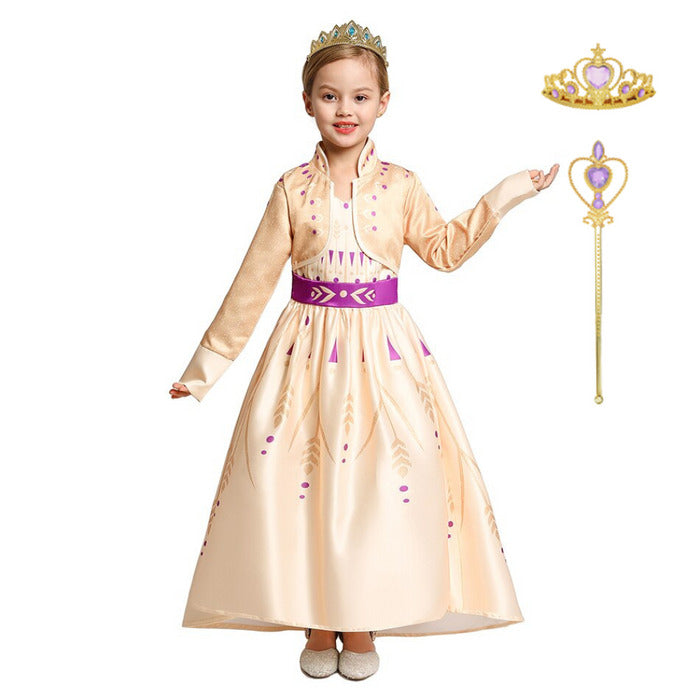 Fantasia Infantil Vestido Princesa Encantada Dourada com vestido, coroa e varinha mágica, feita em cetim, malha e poliéster, ideal para festas infantis.
