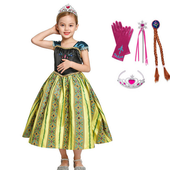Fantasia Infantil Vestido Princesa Encantada Verde com vestido, coroa, varinha e peruca, feita em poliéster, ideal para festas infantis e brincadeiras mágicas.