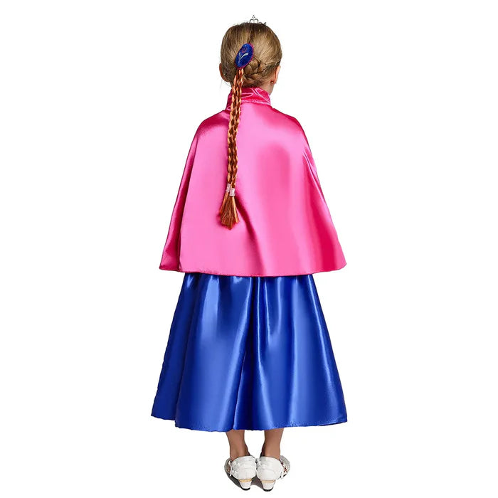 Fantasia Infantil Vestido Princesa Encantada com vestido, coroa, varinha, luva e cabelo em malha, poliéster e cetim, perfeita para festas mágicas.