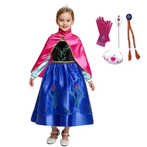 Fantasia Infantil Vestido Princesa Encantada com vestido, coroa, varinha, luva e cabelo em malha, poliéster e cetim, perfeita para festas mágicas.