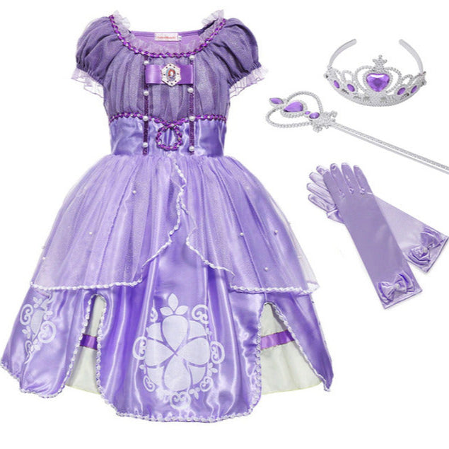 Fantasia Infantil Vestido Princesa Lilás Encantada com vestido, coroa, luvas e varinha, feita em algodão e poliéster, ideal para festas infantis.
