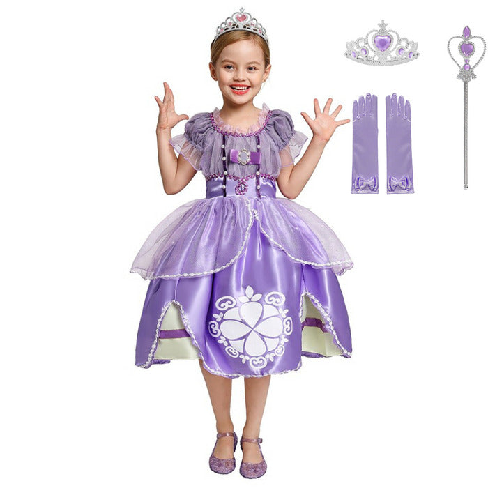 Fantasia Infantil Vestido Princesa Lilás Encantada com vestido, coroa, luvas e varinha, feita em algodão e poliéster, ideal para festas infantis.