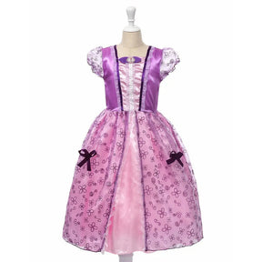 Fantasia Infantil Vestido Princesa Lilás Real com vestido, coroa, varinha e luvas em algodão, perfeita para festas, brincadeiras e momentos mágicos.