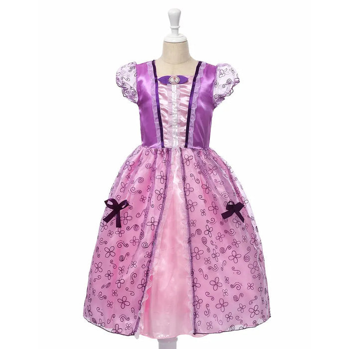 Fantasia Infantil Vestido Princesa Lilás Real com vestido, coroa, varinha e luvas em algodão, perfeita para festas, brincadeiras e momentos mágicos.