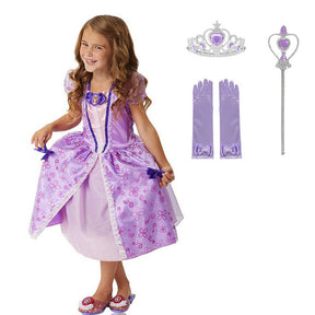 Fantasia Infantil Vestido Princesa Lilás Real com vestido, coroa, varinha e luvas em algodão, perfeita para festas, brincadeiras e momentos mágicos.