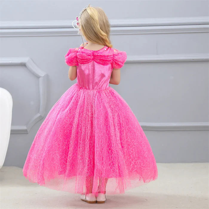 Fantasia Infantil Vestido Princesa Rosa de Baile com vestido, coroa, varinha, luvas e colar, feita em poliéster, algodão e voil, ideal para festas infantis.