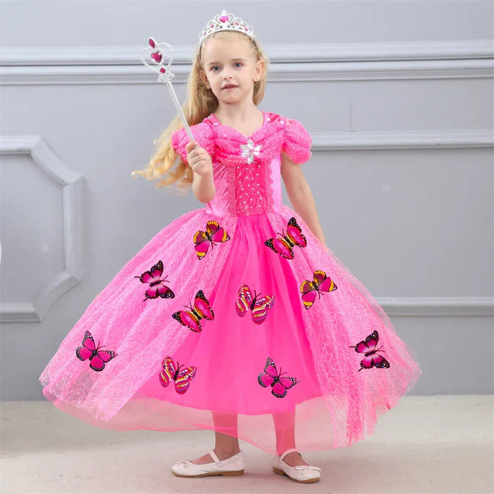 Fantasia Infantil Vestido Princesa Rosa de Baile com vestido, coroa, varinha, luvas e colar, feita em poliéster, algodão e voil, ideal para festas infantis.