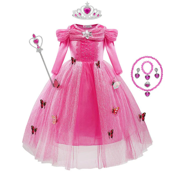 Fantasia Infantil Vestido Princesa Rosa de Baile com vestido, coroa, varinha, luvas e colar, feita em poliéster, algodão e voil, ideal para festas infantis.