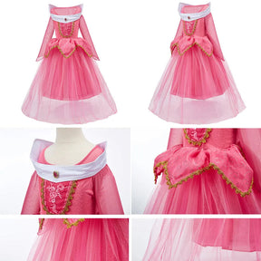 Fantasia Infantil Vestido Rosa de Conto de Fadas com vestido, coroa, luvas e varinha, ideal para festas infantis e brincadeiras cheias de imaginação.