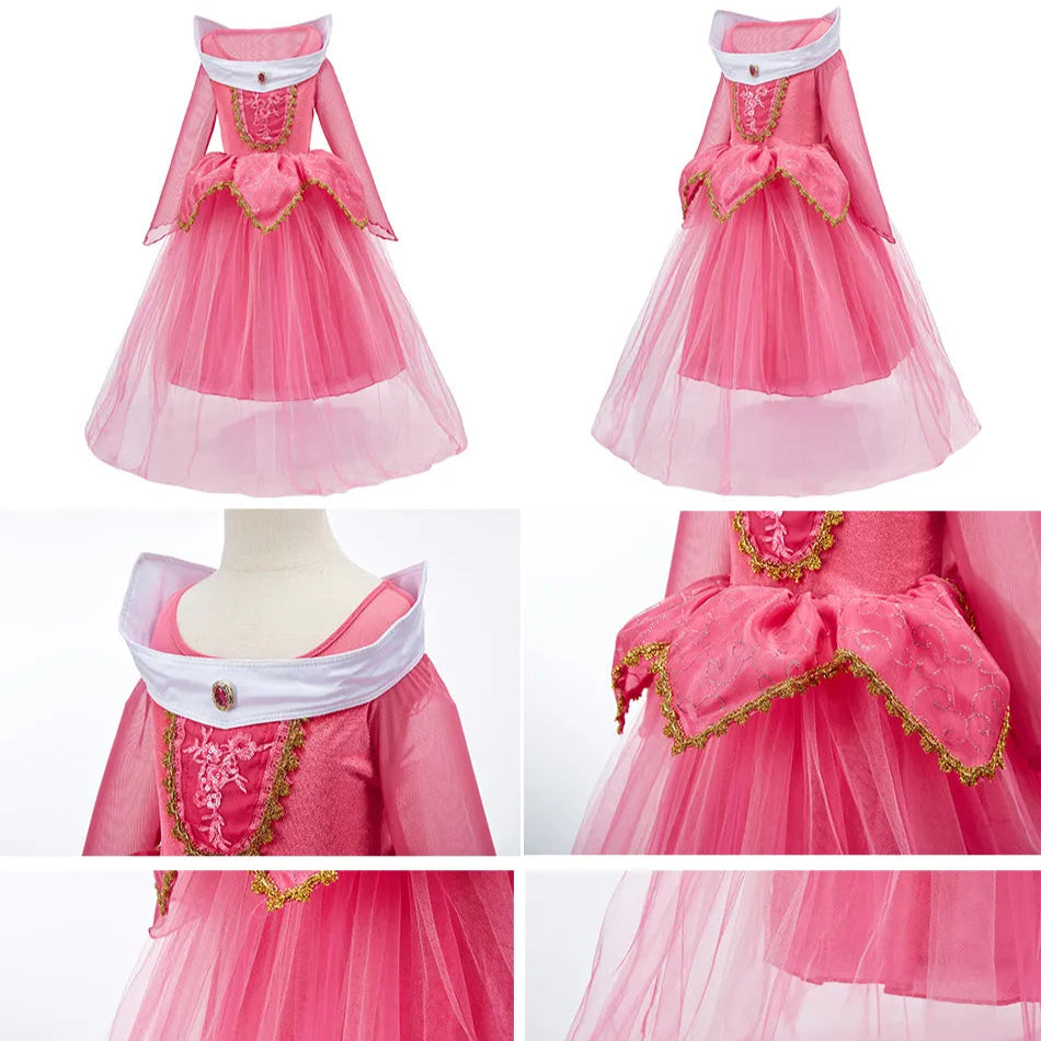 Fantasia Infantil Vestido Rosa de Conto de Fadas com vestido, coroa, luvas e varinha, ideal para festas infantis e brincadeiras cheias de imaginação.