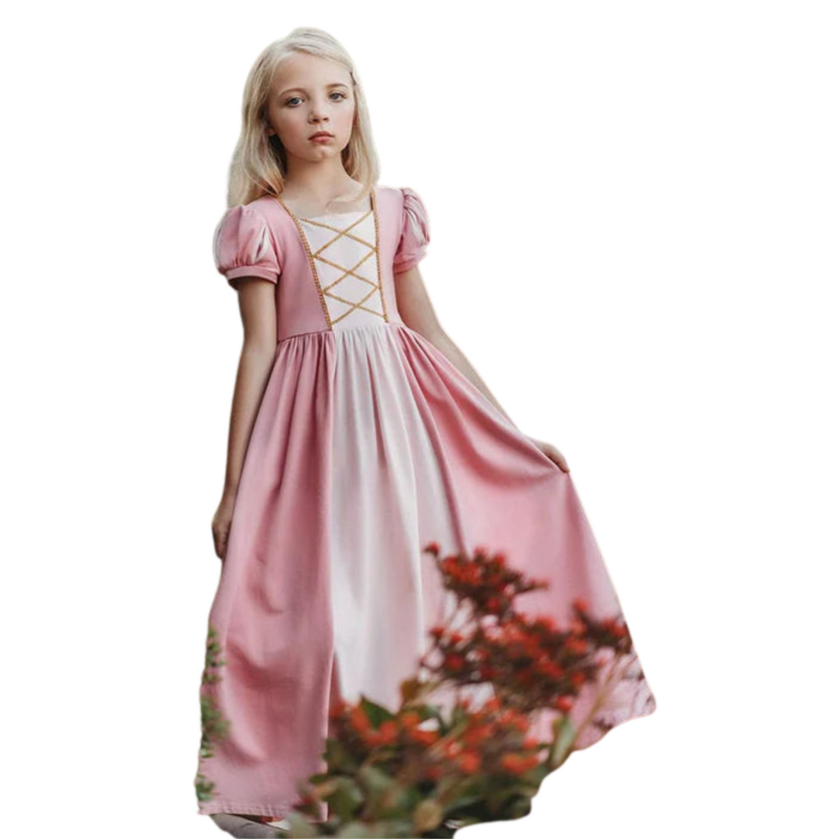 Fantasia Infantil Vestido Princesa Rosa Encantada feita em poliéster, malha e algodão, ideal para festas infantis e brincadeiras mágicas.