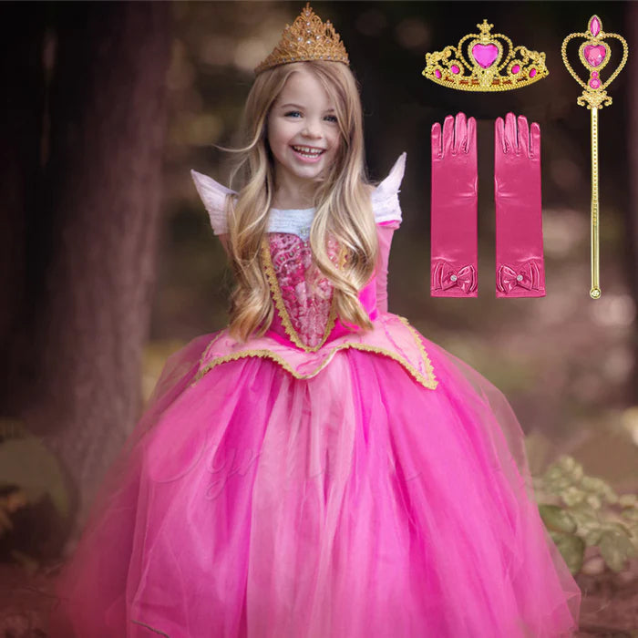 Fantasia Infantil Vestido Rosa de Conto de Fadas com vestido, coroa, luvas e varinha, ideal para festas infantis e brincadeiras cheias de imaginação.