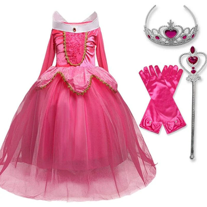 Fantasia Infantil Vestido Rosa de Conto de Fadas com vestido, coroa, luvas e varinha, ideal para festas infantis e brincadeiras cheias de imaginação.