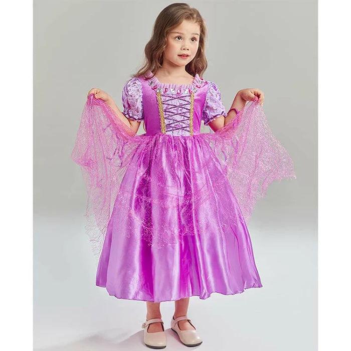 Fantasia Infantil Vestido Princesa Roxa de Festa em voil, malha e algodão, ideal para festas infantis e brincadeiras cheias de imaginação.