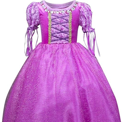 Fantasia Infantil Vestido Princesa Roxa de Festa em voil, malha e algodão, ideal para festas infantis e brincadeiras cheias de imaginação.