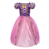 Fantasia Infantil Vestido Princesa Roxa Encantada com vestido, coroa, luvas, varinha e cabelo, feita em malha, algodão e poliéster, perfeita para festas infantis.