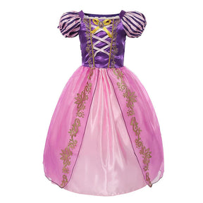 Fantasia Infantil Vestido Princesa Roxa Encantada com vestido, coroa, luvas, varinha e cabelo, feita em malha, algodão e poliéster, perfeita para festas infantis.