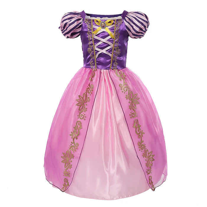 Fantasia Infantil Vestido Princesa Roxa Encantada com vestido, coroa, luvas, varinha e cabelo, feita em malha, algodão e poliéster, perfeita para festas infantis.