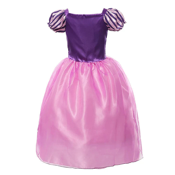 Fantasia Infantil Vestido Princesa Roxa Encantada com vestido, coroa, luvas, varinha e cabelo, feita em malha, algodão e poliéster, perfeita para festas infantis.