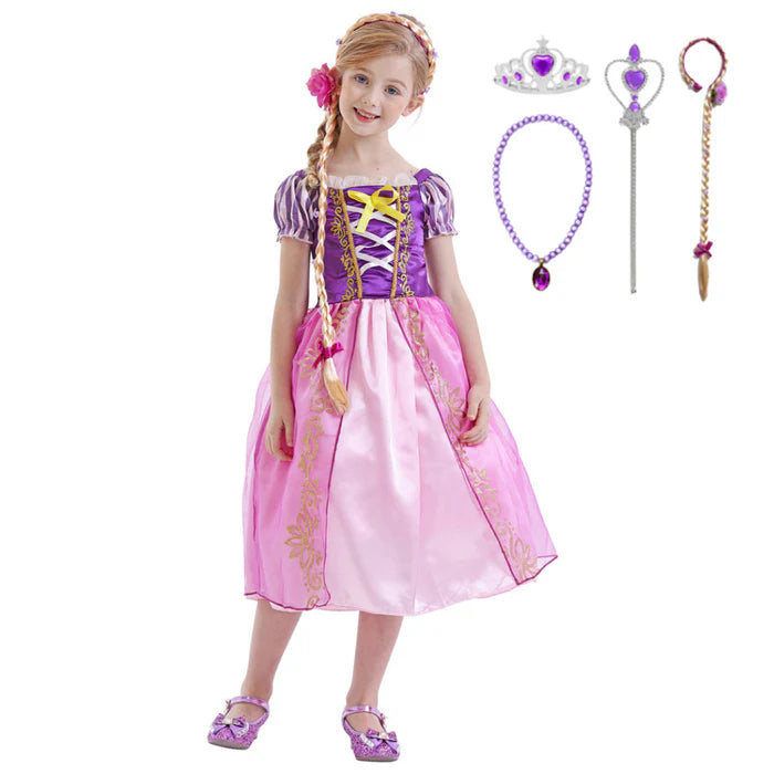 Fantasia Infantil Vestido Princesa Roxa Encantada com vestido, coroa, luvas, varinha e cabelo, feita em malha, algodão e poliéster, perfeita para festas infantis.