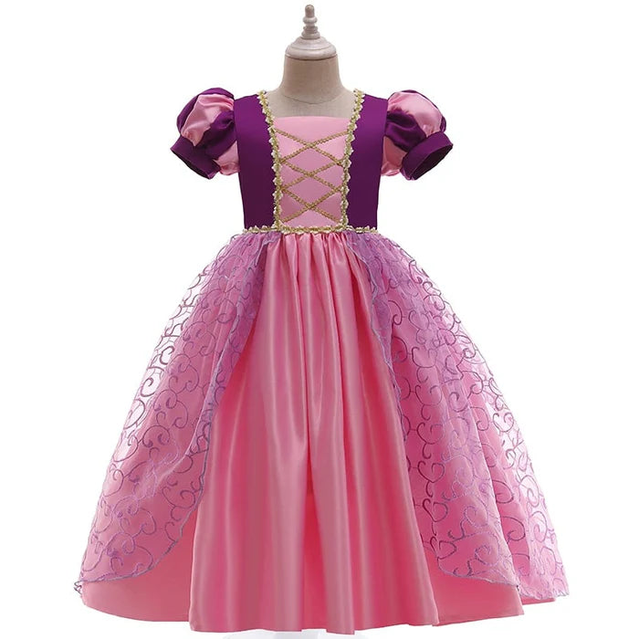 Fantasia Infantil Vestido Princesa Roxa Luxo com vestido, coroa, varinha, luva, colar e brinco, feita em poliéster, algodão e renda.