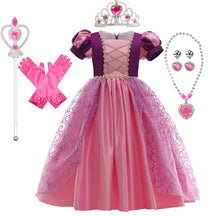 Fantasia Infantil Vestido Princesa Roxa Luxo com vestido, coroa, varinha, luva, colar e brinco, feita em poliéster, algodão e renda.