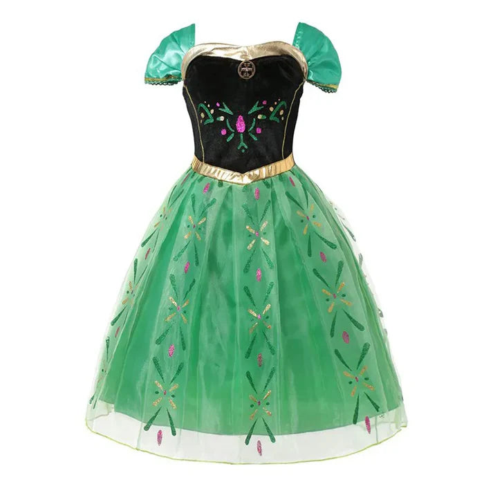 Fantasia Infantil Vestido Princesa Verde de Festa com vestido, coroa, varinha e luva em malha e poliéster, perfeita para festas e momentos mágicos.