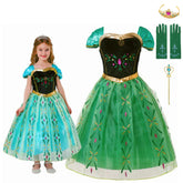 Fantasia Infantil Vestido Princesa Verde de Festa com vestido, coroa, varinha e luva em malha e poliéster, perfeita para festas e momentos mágicos.
