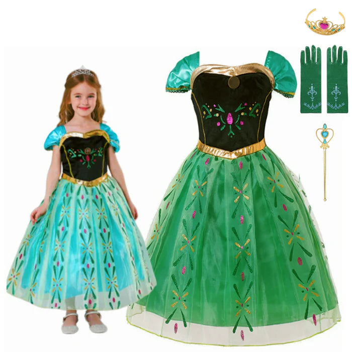 Fantasia Infantil Vestido Princesa Verde de Festa com vestido, coroa, varinha e luva em malha e poliéster, perfeita para festas e momentos mágicos.