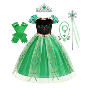 Fantasia Infantil Vestido Princesa Verde de Festa com vestido, coroa, varinha e luva em malha e poliéster, perfeita para festas e momentos mágicos.