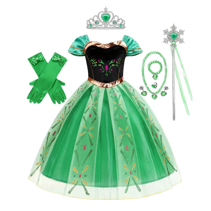 Fantasia Infantil Vestido Princesa Verde de Festa com vestido, coroa, varinha e luva em malha e poliéster, perfeita para festas e momentos mágicos.