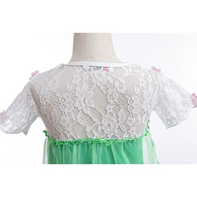 Fantasia Infantil Vestido Princesa Verde de Gelo com vestido, coroa, luvas, varinha e joias, feita em algodão, cotton e voil, perfeita para festas infantis.