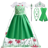 Fantasia Infantil Vestido Princesa Verde de Gelo com vestido, coroa, luvas, varinha e joias, feita em algodão, cotton e voil, perfeita para festas infantis.