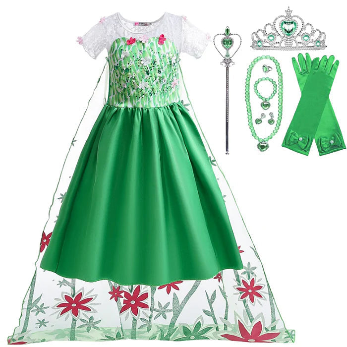 Fantasia Infantil Vestido Princesa Verde de Gelo com vestido, coroa, luvas, varinha e joias, feita em algodão, cotton e voil, perfeita para festas infantis.