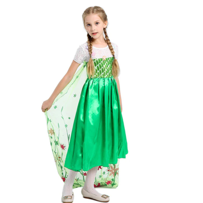 Fantasia Infantil Vestido Princesa Verde de Gelo com vestido, coroa, luvas, varinha e joias, feita em algodão, cotton e voil, perfeita para festas infantis.